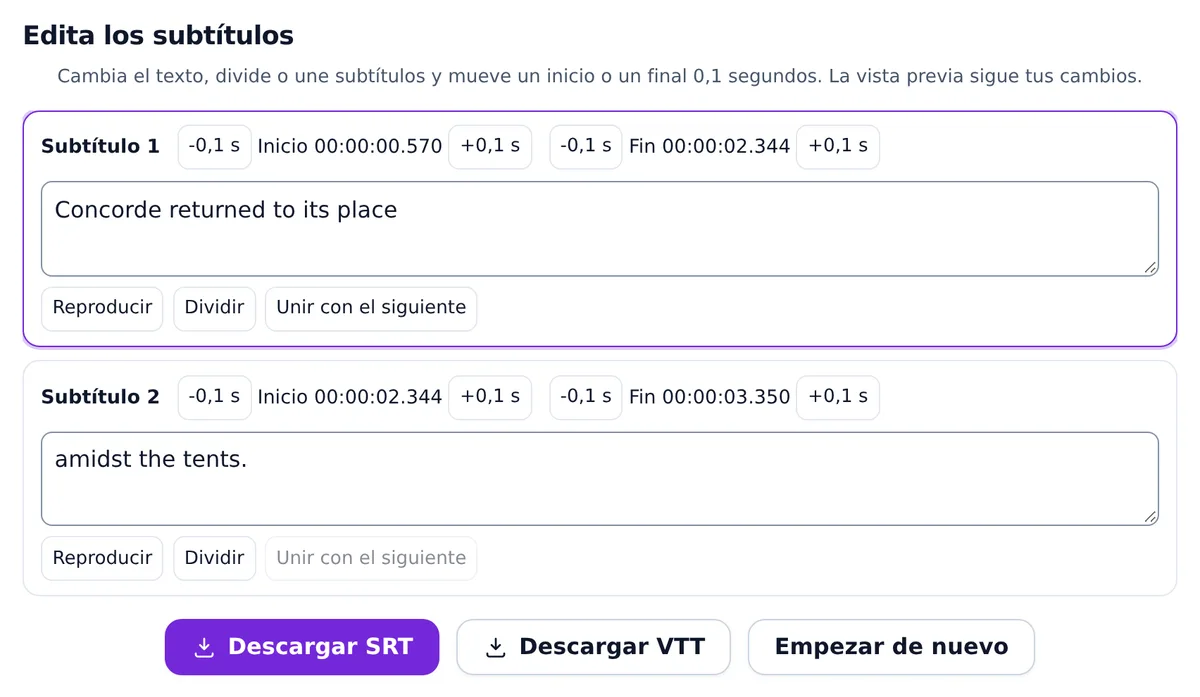 El editor de subtítulos tras dividir: Subtítulo 1, Concorde returned to its place, de 00:00:00.570 a 00:00:02.344, y Subtítulo 2, amidst the tents., de 00:00:02.344 a 00:00:03.350, cada uno con los botones -0,1 s y +0,1 s junto a Inicio y Fin y los botones Reproducir, Dividir y Unir con el siguiente, y debajo Descargar SRT, Descargar VTT y Empezar de nuevo.