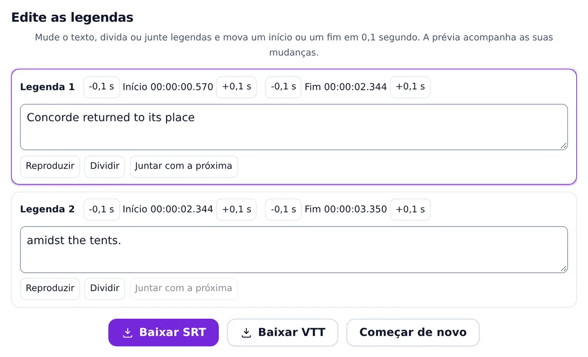 O editor depois de uma divisão: Legenda 1, Concorde returned to its place, de 00:00:00.570 a 00:00:02.344, e Legenda 2, amidst the tents., de 00:00:02.344 a 00:00:03.350, cada uma com os botões -0,1 s e +0,1 s ao lado de Início e Fim e os botões Reproduzir, Dividir e Juntar com a próxima, e abaixo Baixar SRT, Baixar VTT e Começar de novo.