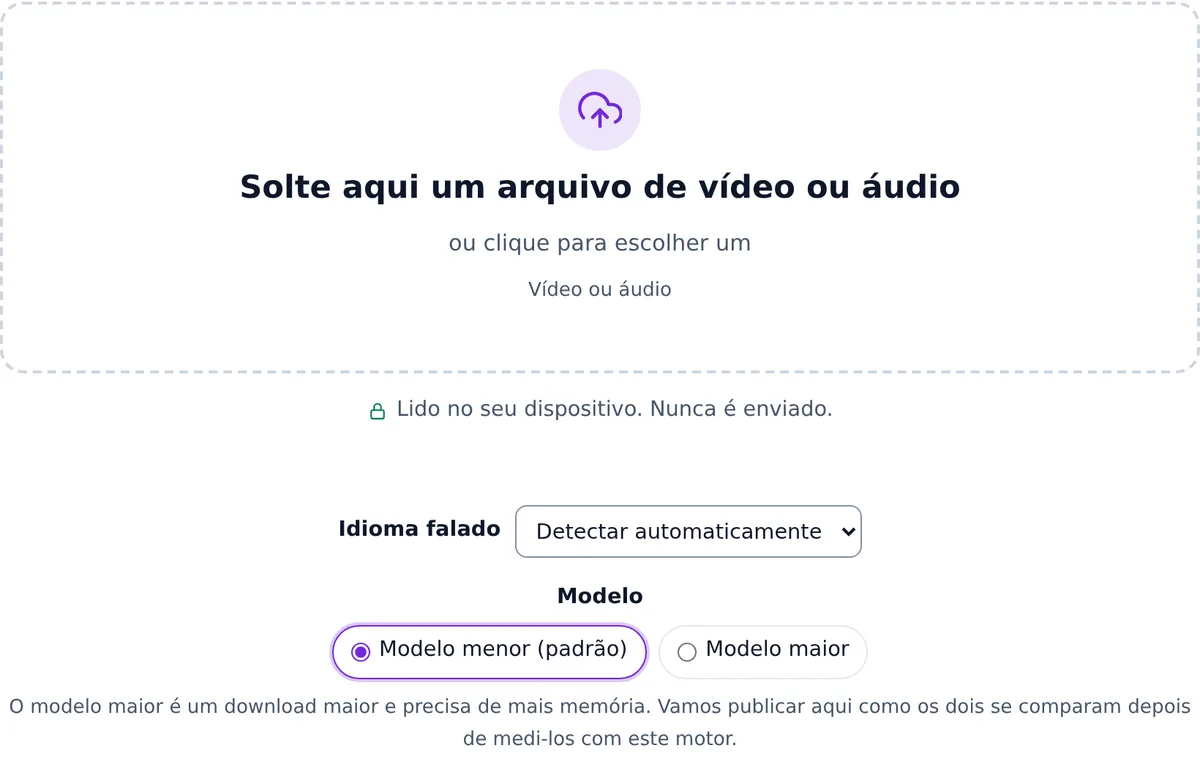 A ferramenta de legendas antes de adicionar um arquivo: a caixa Solte aqui um arquivo de vídeo ou áudio, o aviso Lido no seu dispositivo. Nunca é enviado., a lista Idioma falado em Detectar automaticamente e a opção Modelo com Modelo menor (padrão) escolhido e Modelo maior.
