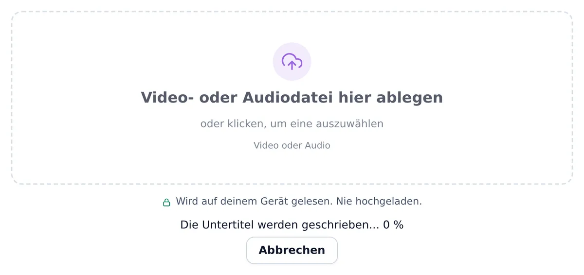 Das Tool während der Verarbeitung: das abgeblendete Feld, während an der Datei gearbeitet wird, die Statuszeile Die Untertitel werden geschrieben... 0 % und darunter die Schaltfläche Abbrechen.