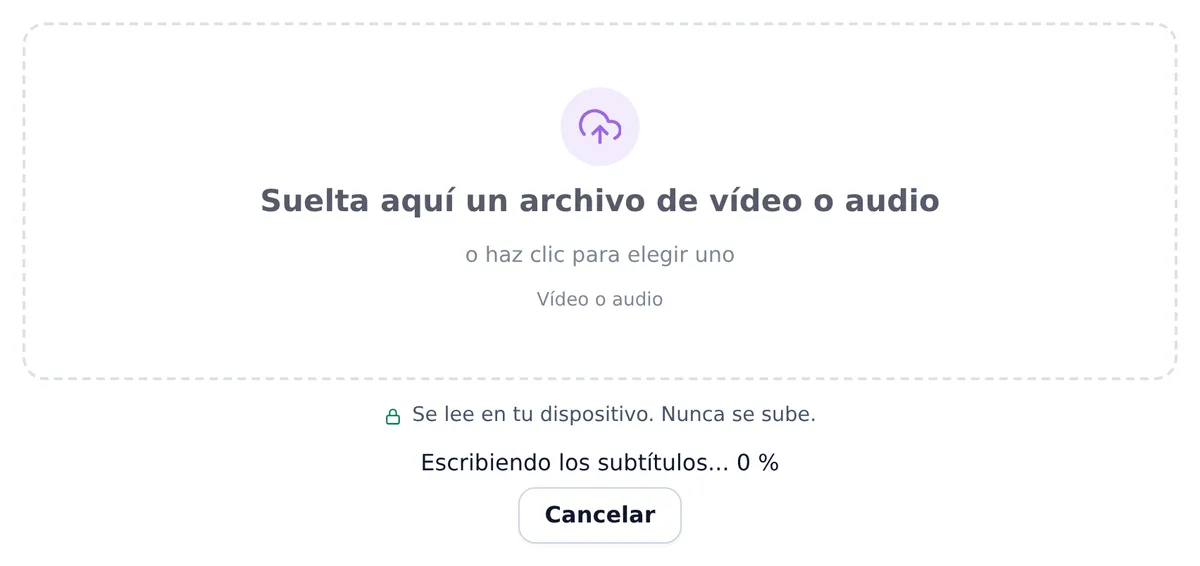 La herramienta durante el proceso: el recuadro atenuado mientras se trabaja con el archivo, la línea de estado Escribiendo los subtítulos... 0 % y el botón Cancelar debajo.