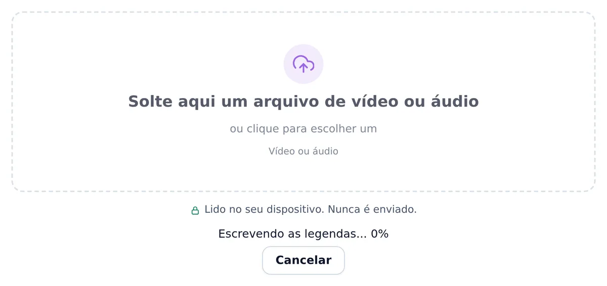 A ferramenta durante o processo: a caixa esmaecida enquanto o arquivo é processado, a linha de status Escrevendo as legendas... 0% e o botão Cancelar embaixo.